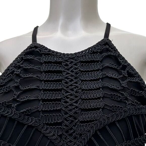 NWOT H&M Crop Top Women's Large Black Halter Ribbon Embroidered Crochet Overlay - Picture 3 of 12